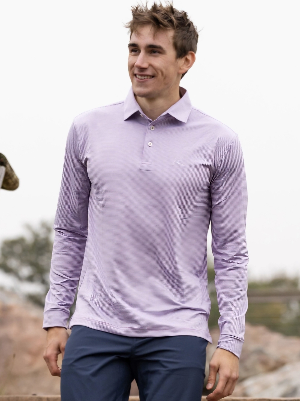 Rhoback The Whaler Heather Stripe Performance Long Sleeve Polo Purple - XXXL